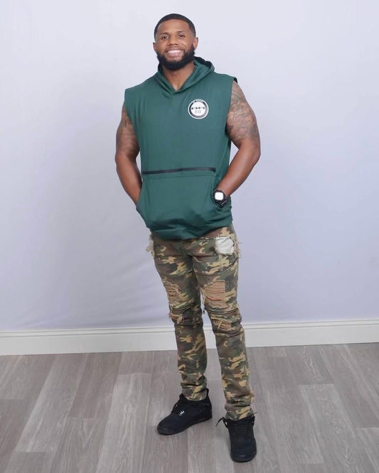 Men's Army Green Sleeveless Gym Hoodie