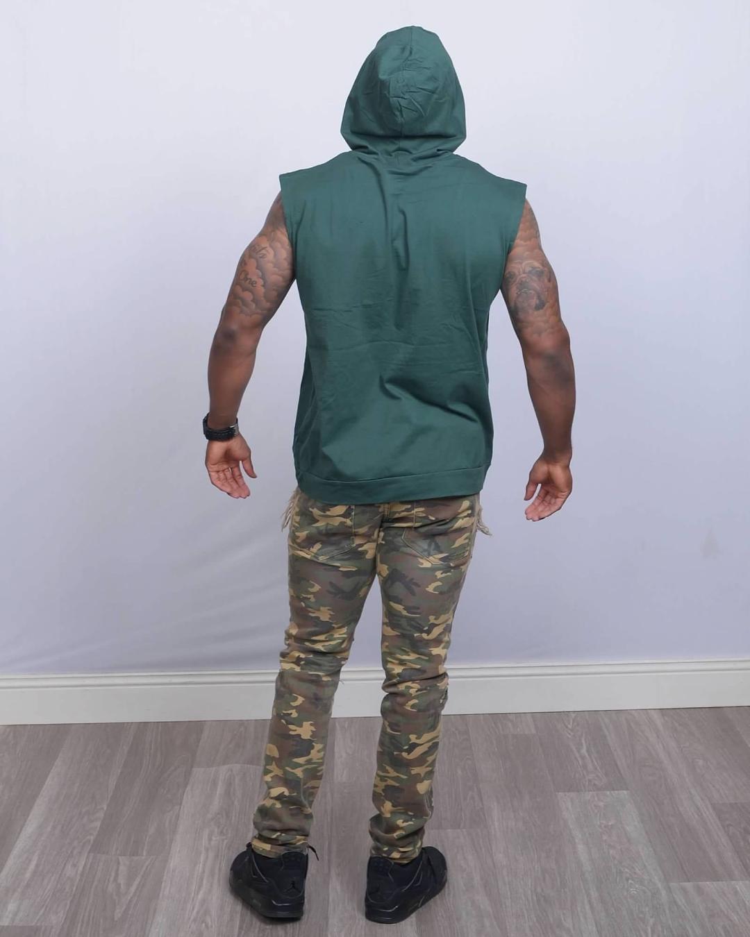 Men's Army Green Sleeveless Gym Hoodie